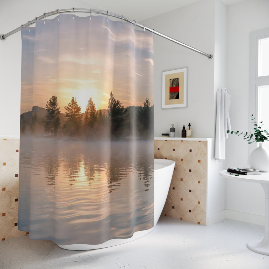 Misty Sunrise Lake Shower Curtain | Mountain Trees Reflection