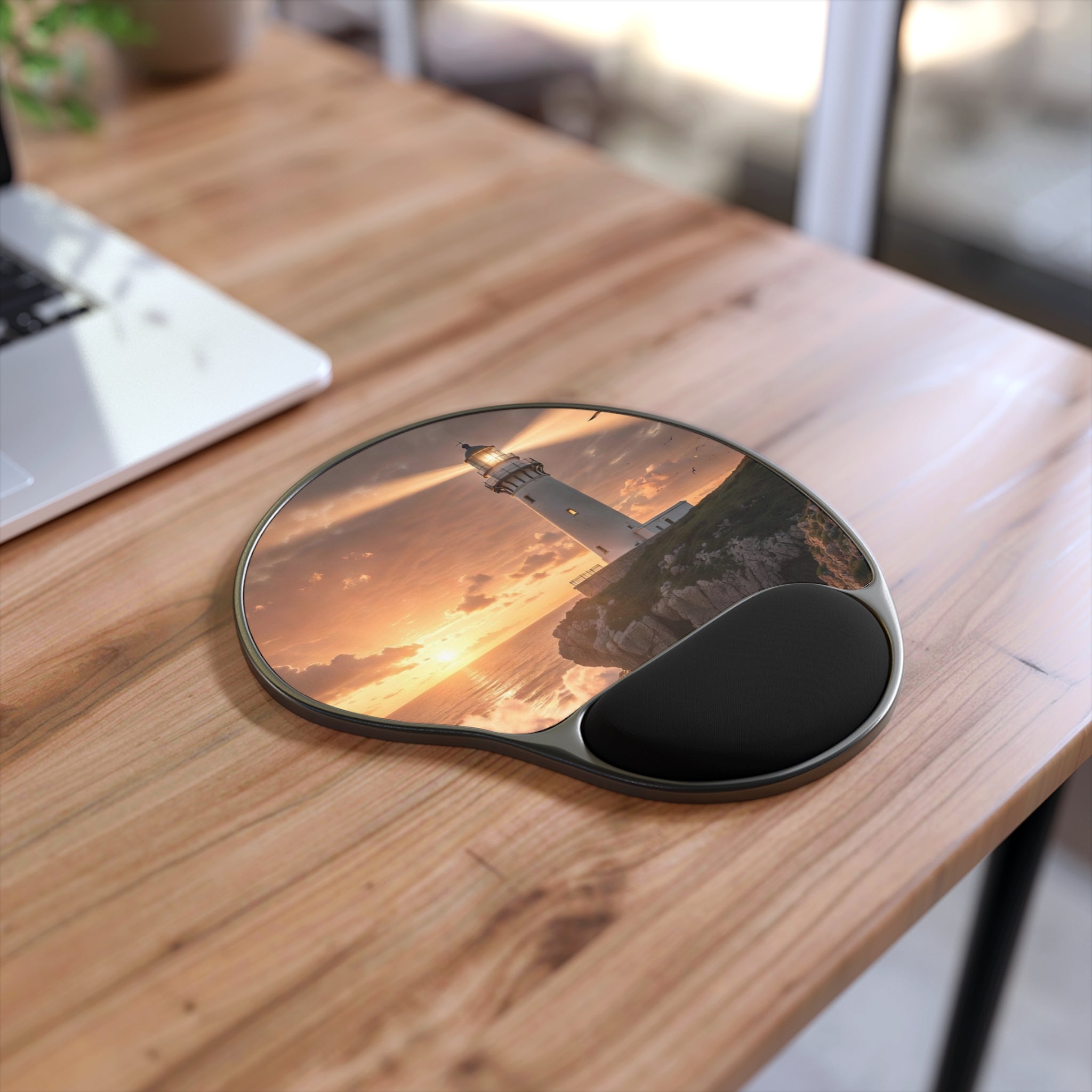 Lighthouse Sunset Mouse Pad with Wrist Rest | Coastal Ocean Desk Mat