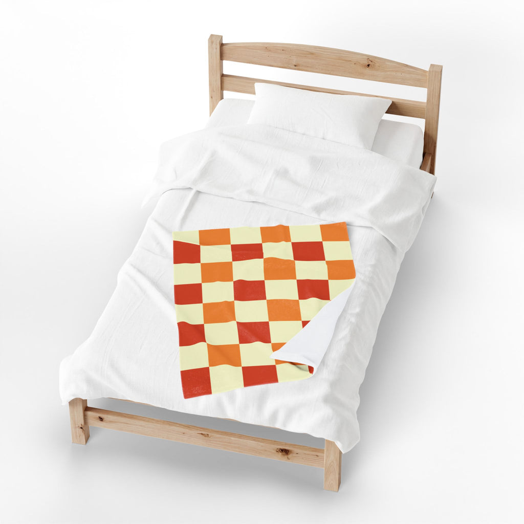 Orange Checkerboard Velveteen Plush Blanket | Retro Plaid Throw