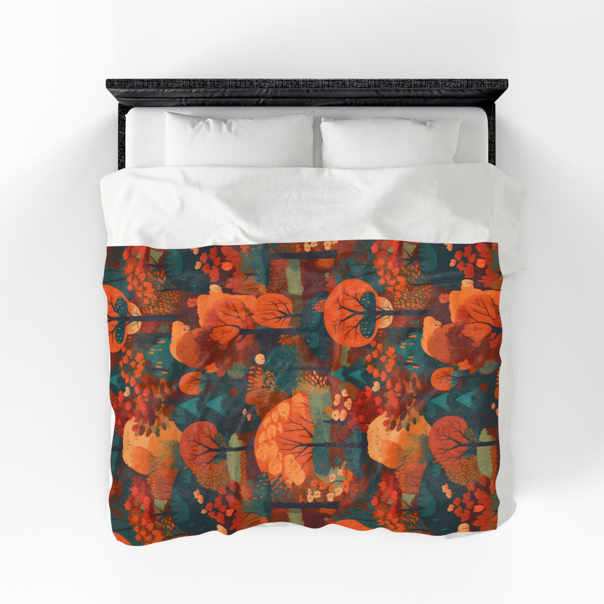 Autumn Forest Pattern Velveteen Plush Blanket | Fall Trees, Orange Teal Woodland