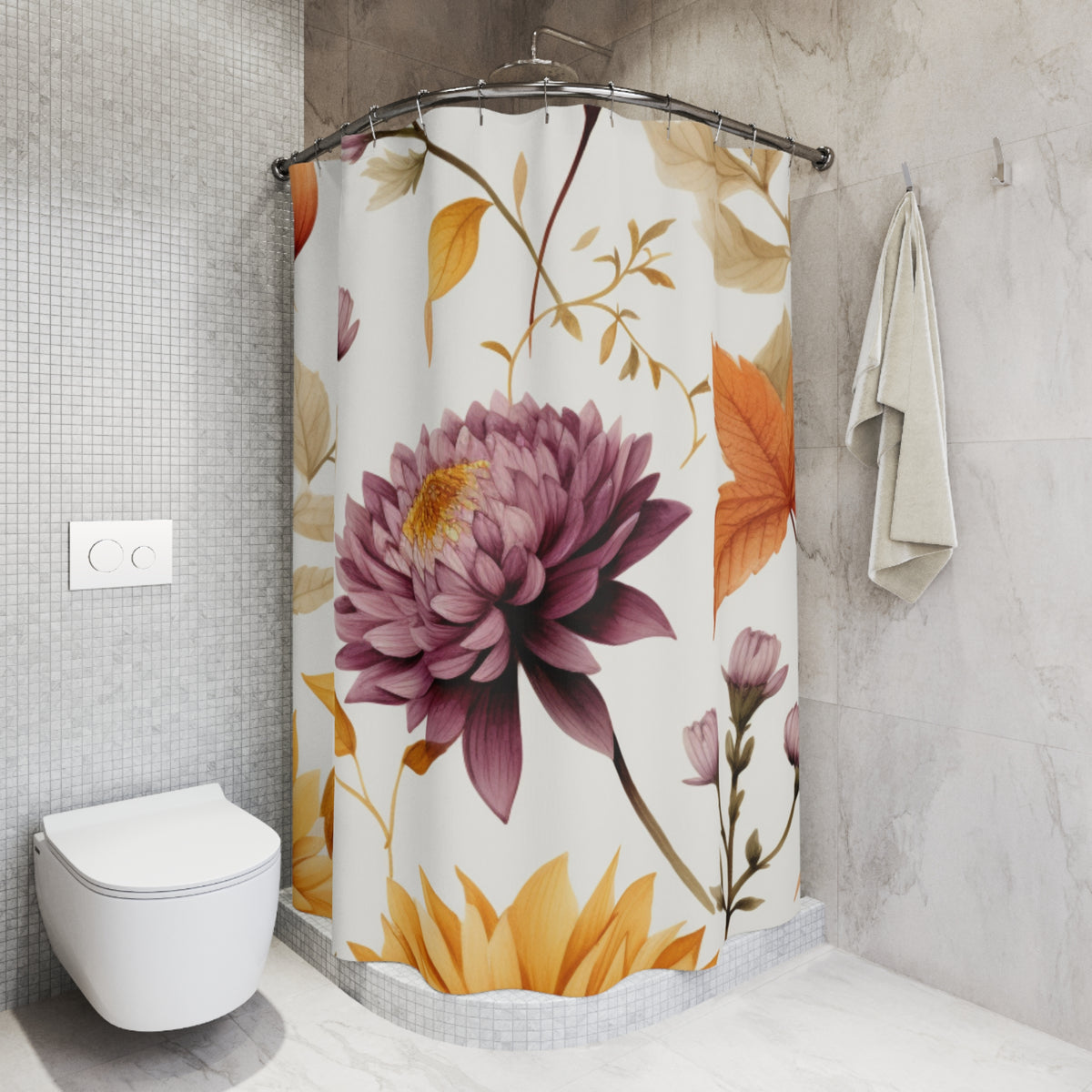 Autumn Floral Chrysanthemum Shower Curtain | Fall Botanical Bathroom Decor