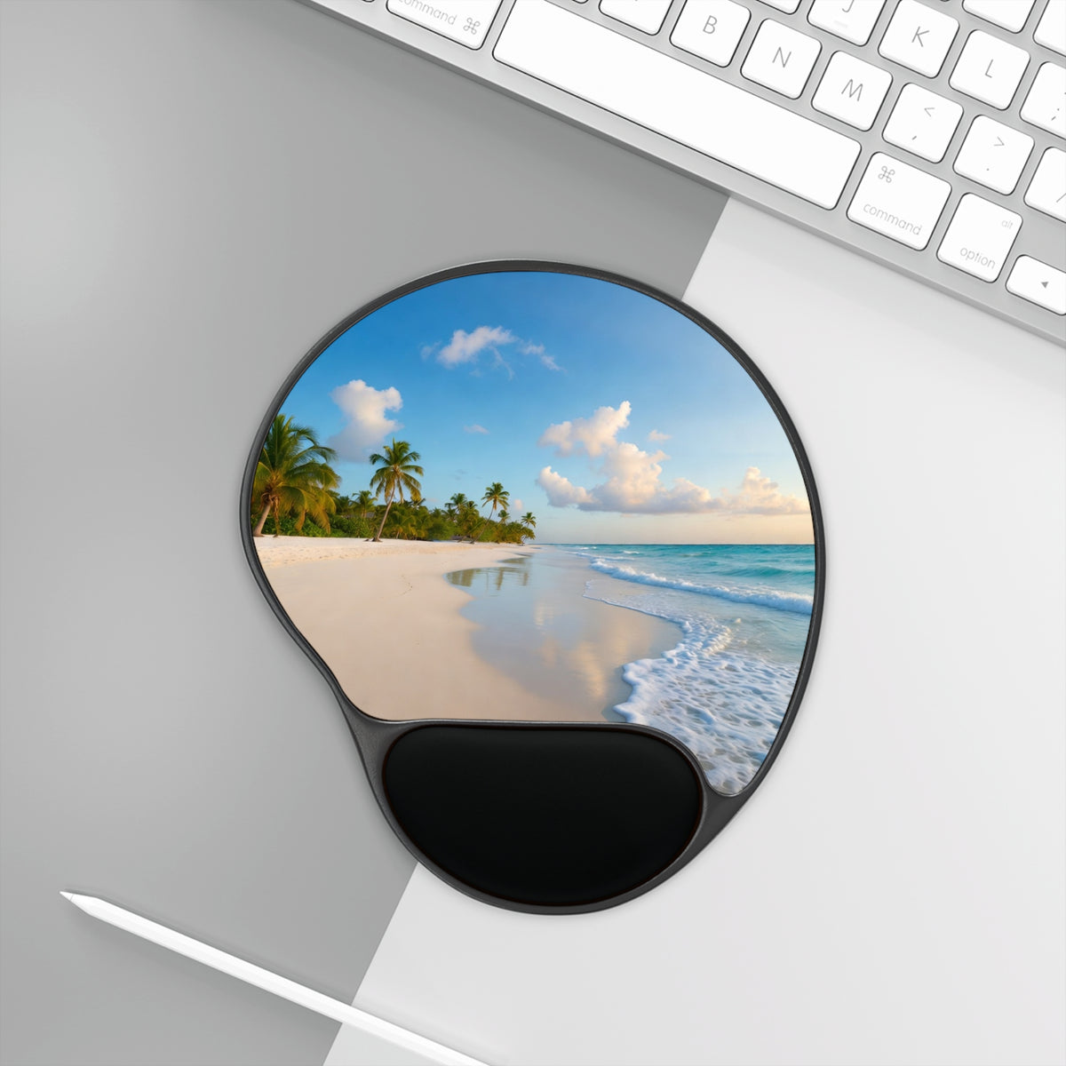 Tropical Beach Scene Mouse Pad with Wrist Rest | Palm Trees Ocean Shore
