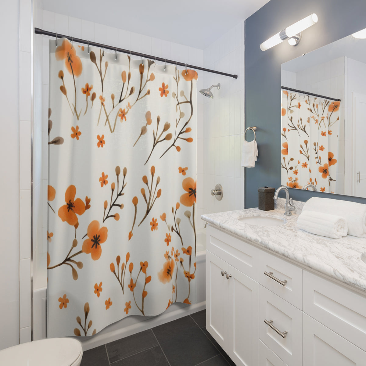 Orange Floral Pattern Shower Curtain | Minimal Botanical Sprigs