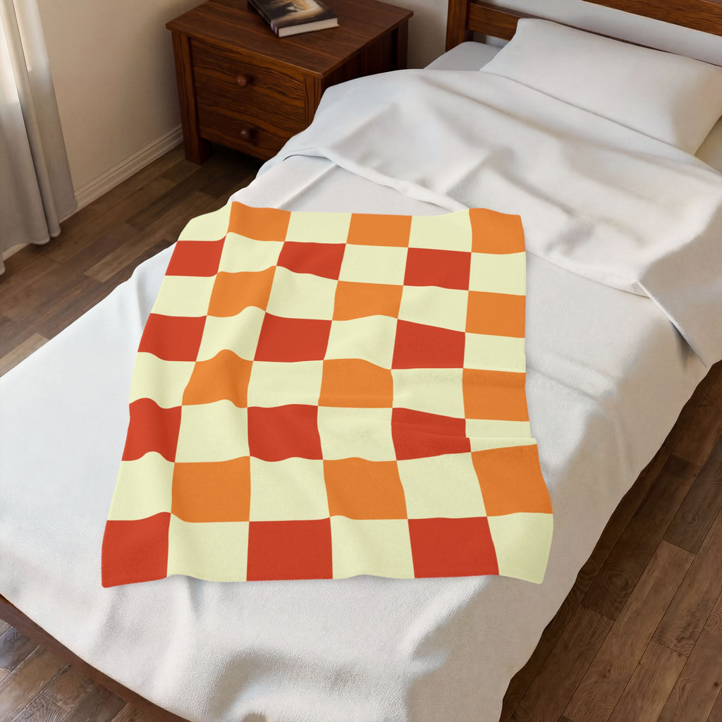 Orange Checkerboard Velveteen Plush Blanket | Retro Plaid Throw