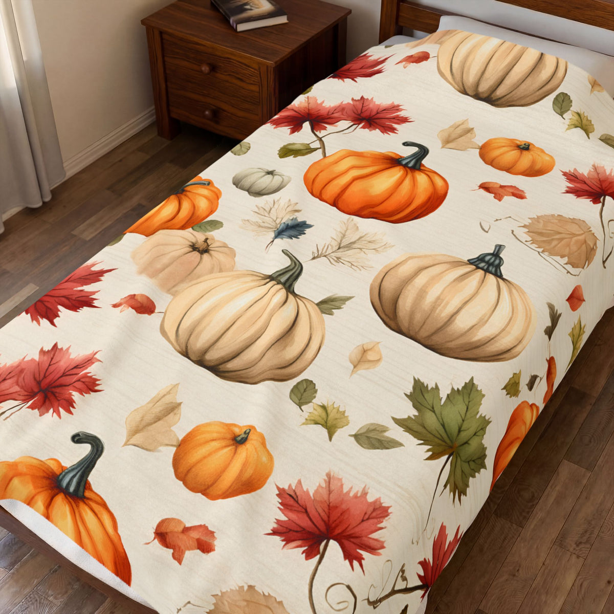 Autumn Pumpkins and Maple Leaves Velveteen Plush Blanket | Fall Harvest Throw