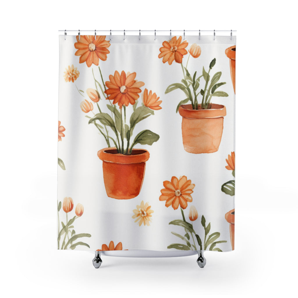 Orange Potted Daisies Shower Curtain | Botanical Floral Bathroom Decor