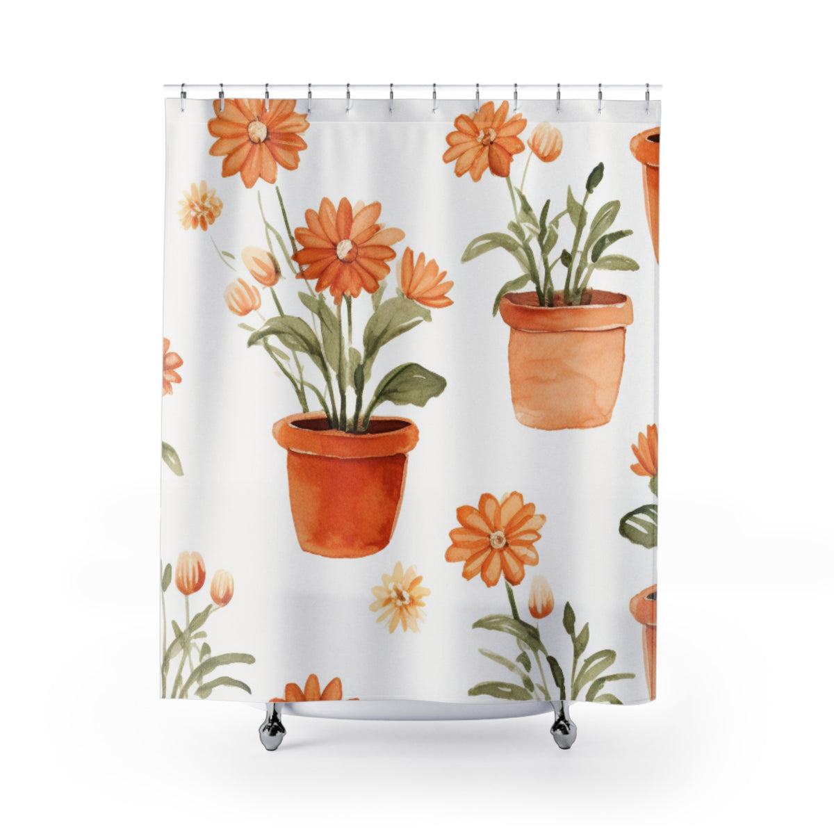 Orange Potted Daisies Shower Curtain | Botanical Floral Bathroom Decor