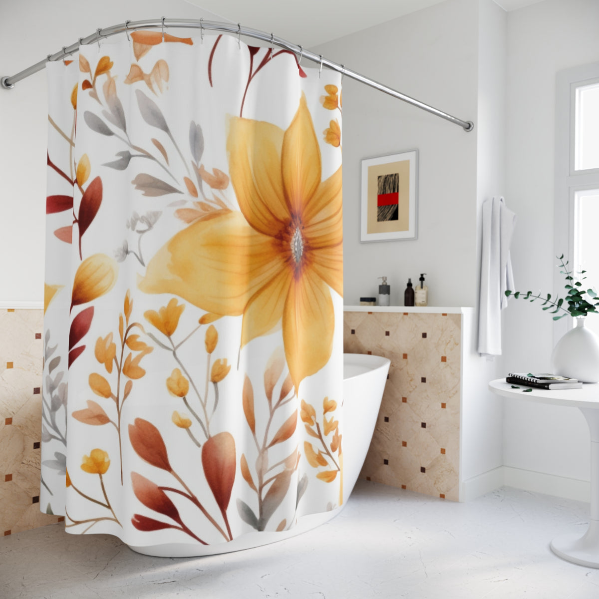 Autumn Wildflower Shower Curtain | Mustard Orange Floral Bathroom