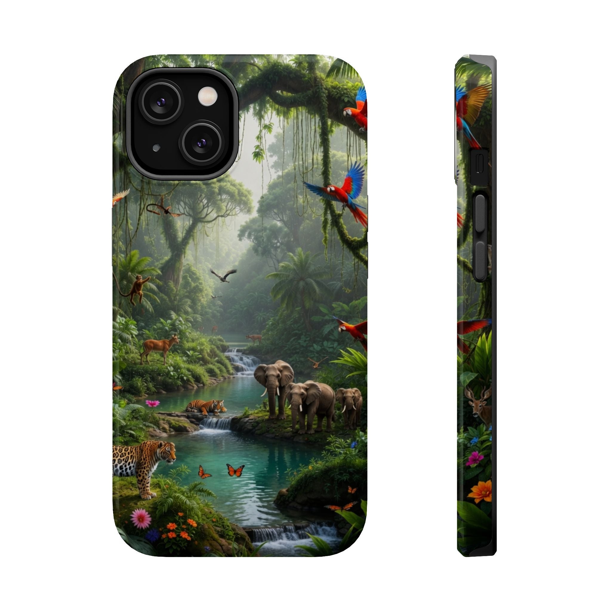 Tropical Jungle Phone Case — Magnetic Impact-Resistant with Parrots & Elephants