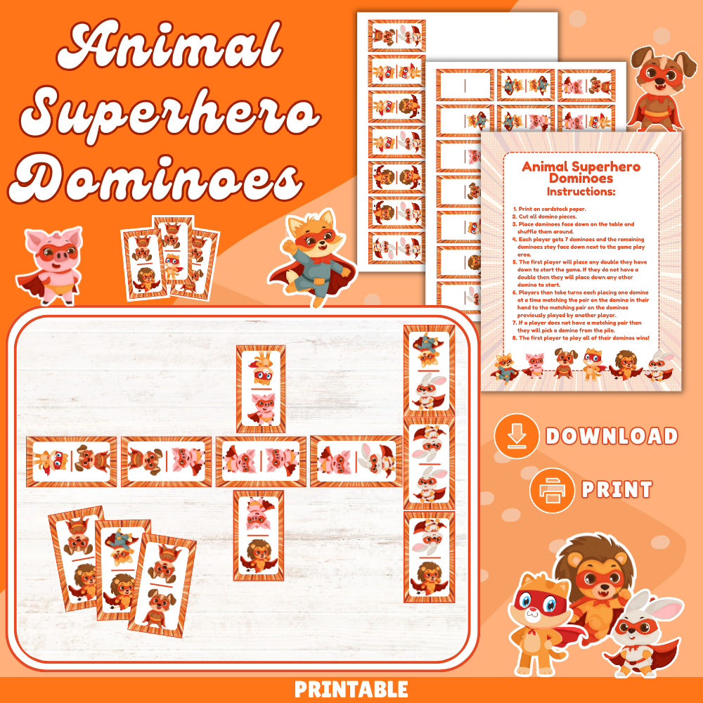 Animal Superhero Dominoes Printable | Fun Matching Game for Kids | Preschool & Kindergarten Activity | Instant Download