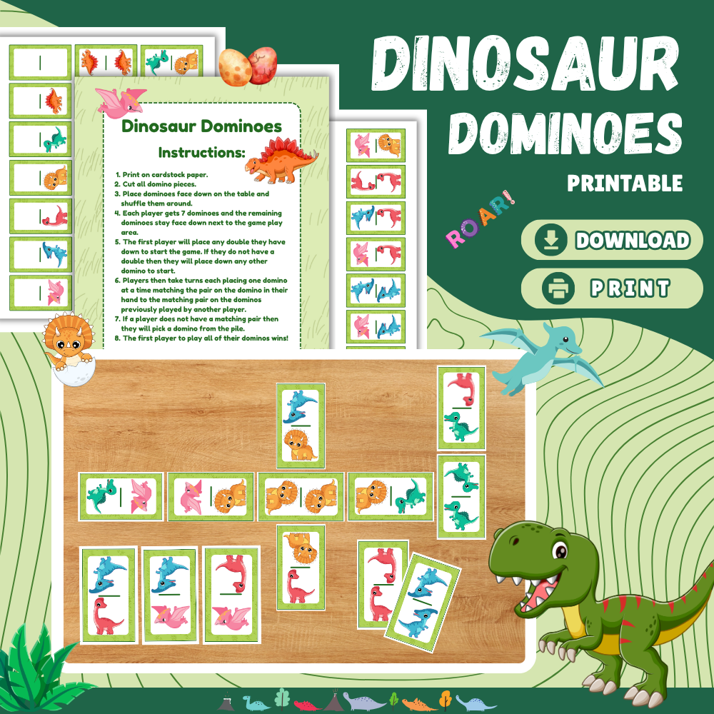 Dinosaur Dominoes Printable | Fun Dino Matching Game for Kids | Preschool Color & Counting Activity | Instant Download