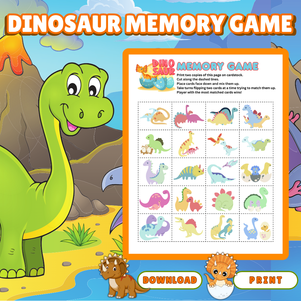 Dinosaur Memory Game Printable | Dino Matching Cards | Fun Preschool Memory Activity | Colorful Dinosaur Matching Game | Instant Download
