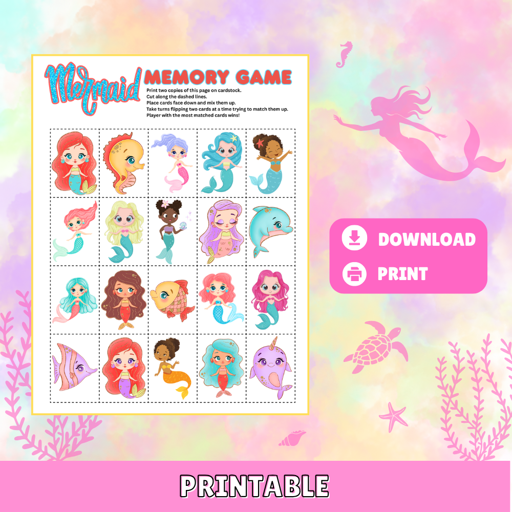 Mermaid Memory Game Printable | Matching Cards for Kids | Cute Mermaid & Ocean Animals Memory Match PDF | Instant Download Ages 3+