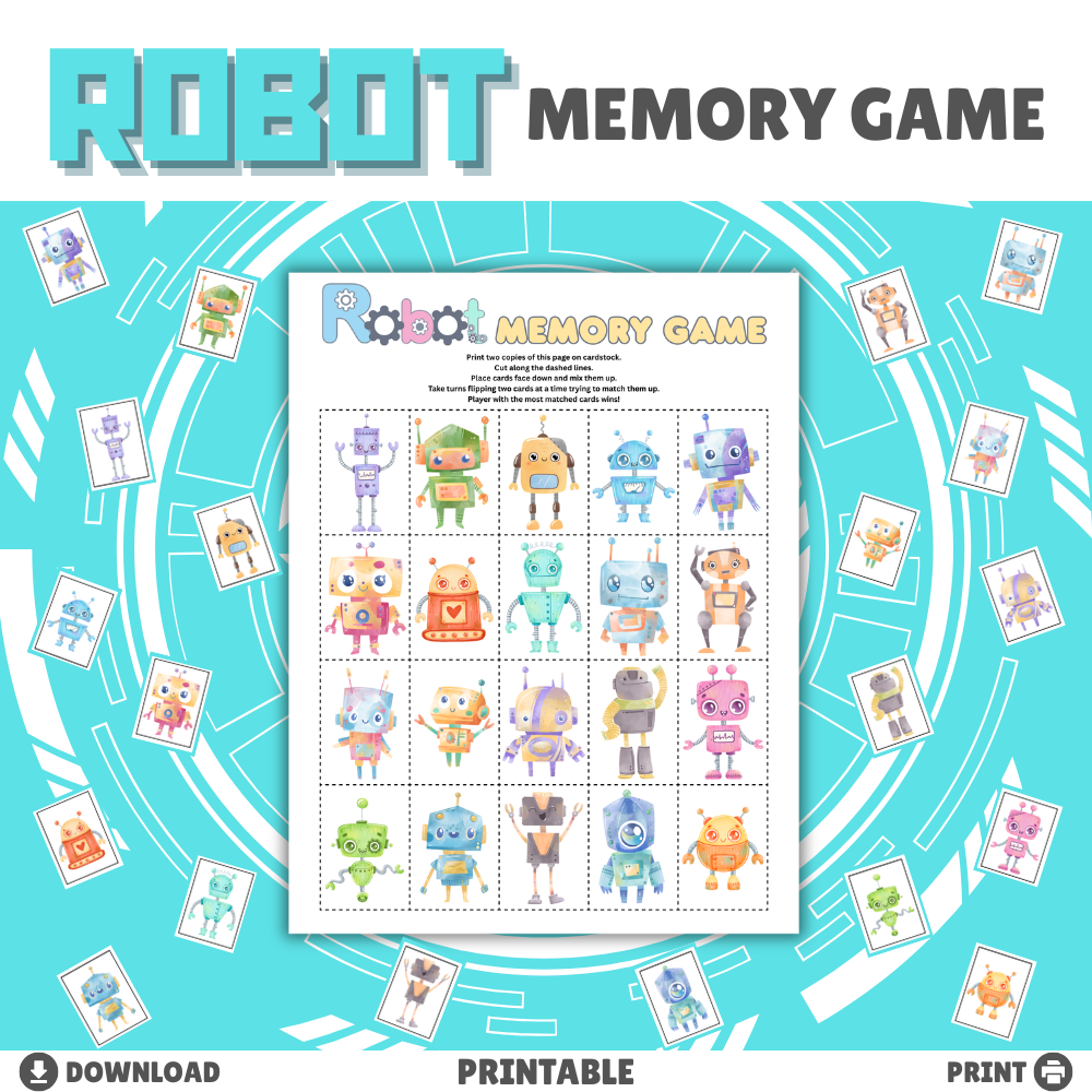 Robot Memory Game Printable | Matching Card Game for Kids | Fun Robot Memory Matching Activity PDF | Instant Download Ages 4+