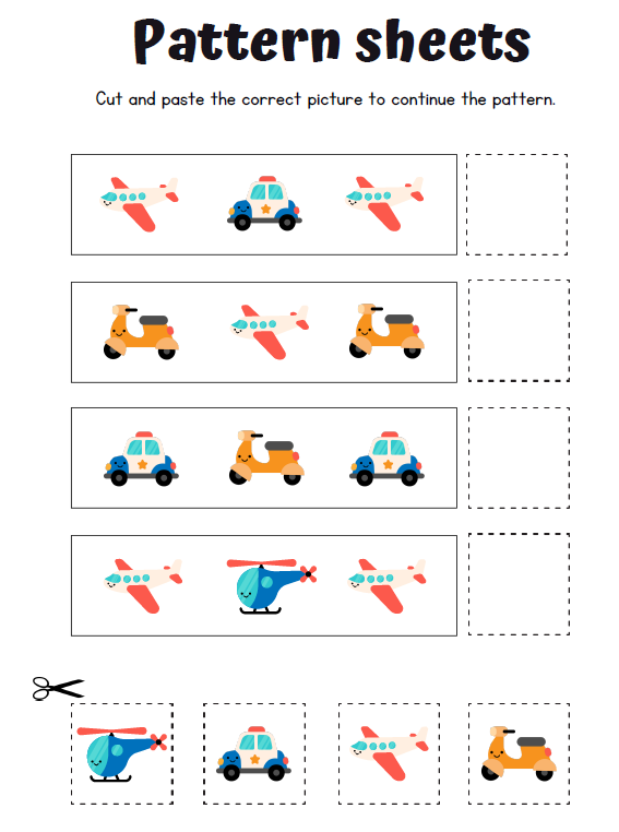 Pattern Sheets Cut & Paste Workbook | 50 Pages Printable PDF | ABAB Patterns, Logic Activities | Preschool Kindergarten Fine Motor Skills