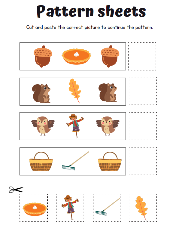 Pattern Sheets Cut & Paste Workbook | 50 Pages Printable PDF | ABAB Patterns, Logic Activities | Preschool Kindergarten Fine Motor Skills