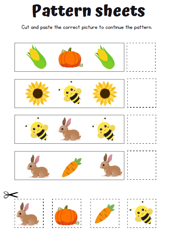 Pattern Sheets Cut & Paste Workbook | 50 Pages Printable PDF | ABAB Patterns, Logic Activities | Preschool Kindergarten Fine Motor Skills