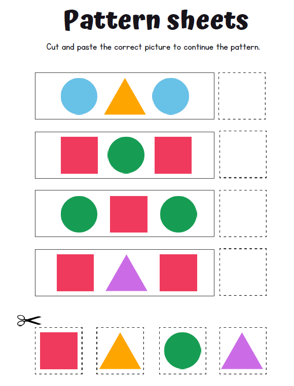 Pattern Sheets Cut & Paste Workbook | 50 Pages Printable PDF | ABAB Patterns, Logic Activities | Preschool Kindergarten Fine Motor Skills
