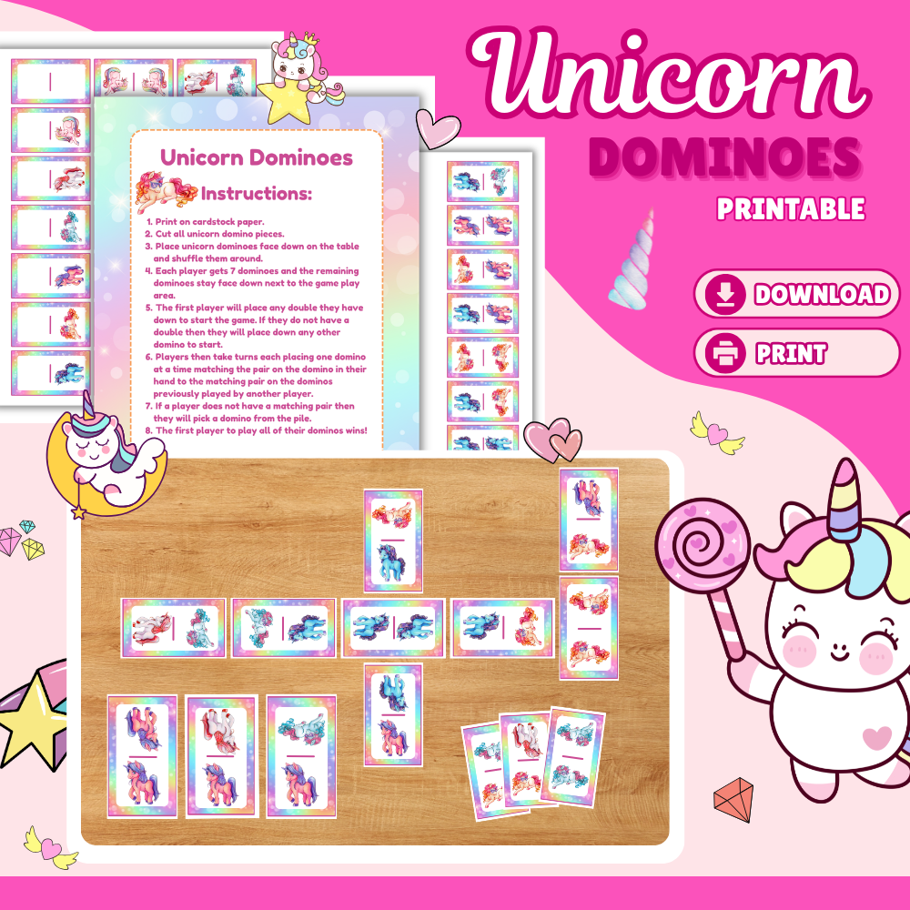 Unicorn Dominoes Printable | Fun Matching Game for Kids | Rainbow Unicorn Dominoes PDF | Instant Download Ages 4+