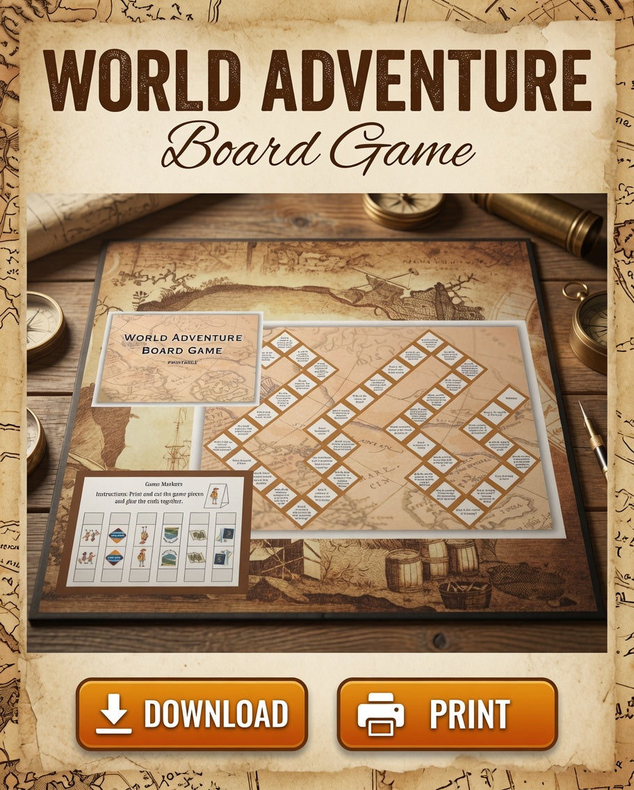 World Adventure Board Game Printable | Educational World Geography Trivia | Family Quiz Game PDF | Instant Download Homeschool Activity