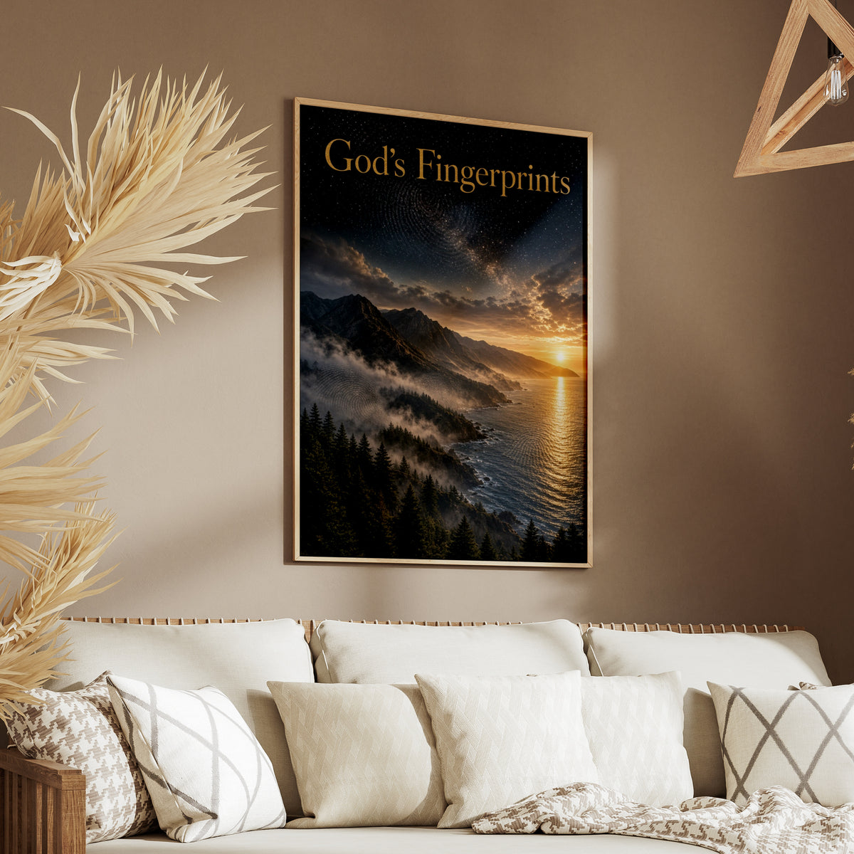 God's Fingerprints Spiritual Nature Poster, Coastal Mountain Sunset Wall Art, Christian Faith Print