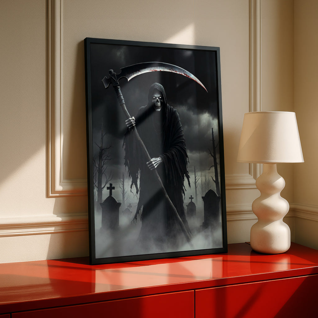 Grim Reaper Poster, Dark Gothic Wall Art, Skull Scythe Graveyard Print, Halloween Horror Decor