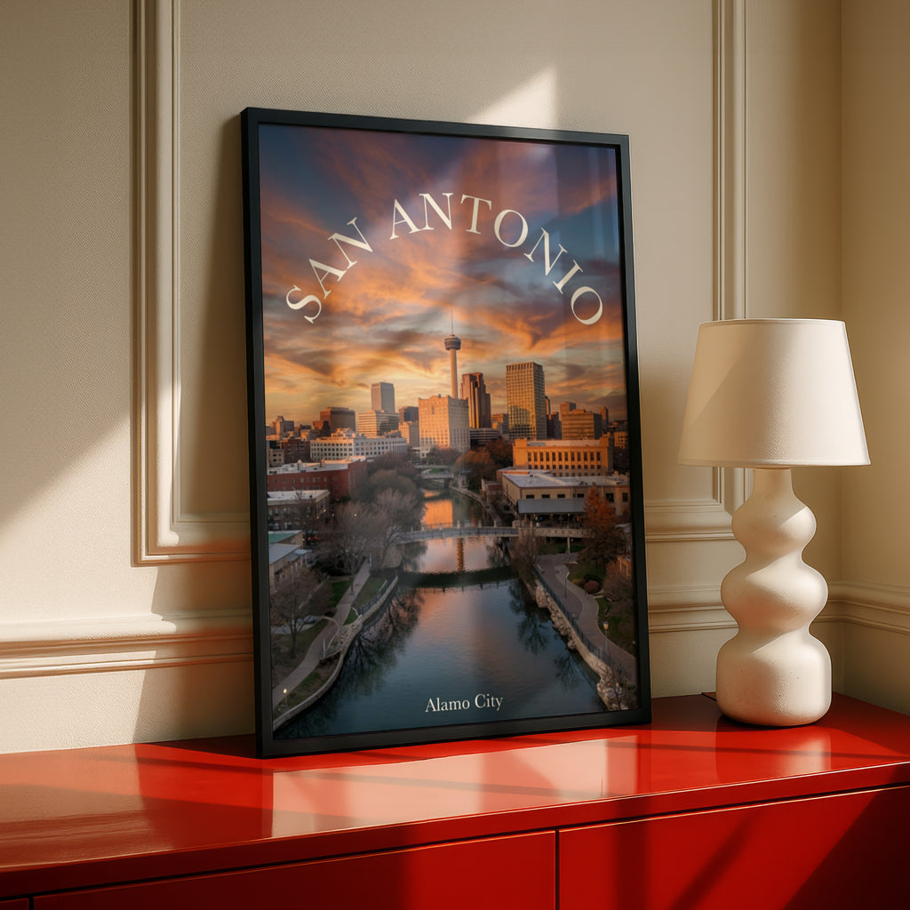 San Antonio Skyline Poster, Alamo City Texas Wall Art, River Walk Sunset Print, TX Gift