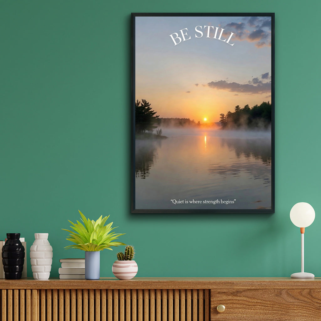 Be Still Inspirational Lake Sunrise Poster, Misty Nature Wall Art, Calm Quote Print