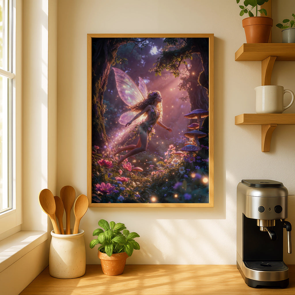Fairy Forest Magic Poster, Enchanted Woodland Wall Art, Fantasy Fairy Print, Mushroom Glowing