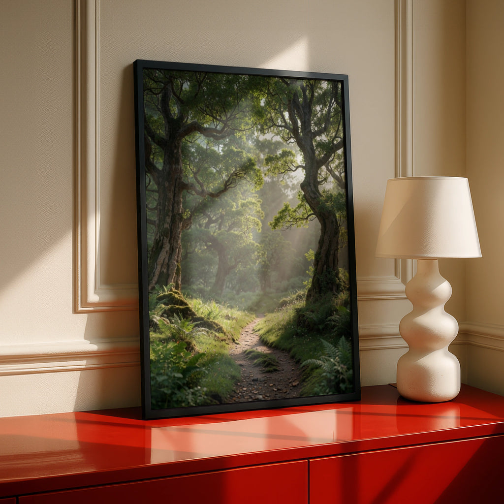 Enchanted Forest Path Poster, Misty Woodland Wall Art, Green Nature Print, Sunlit Trees