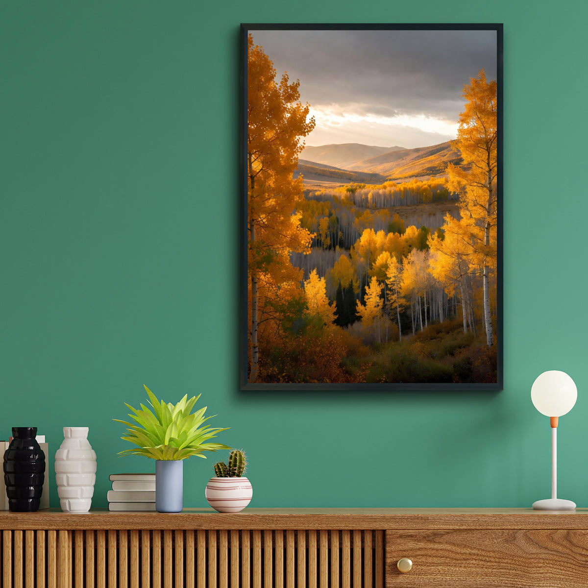 Fall Mountain Landscape Poster, Autumn Aspen Trees Wall Art, Golden Forest Print, Nature Decor