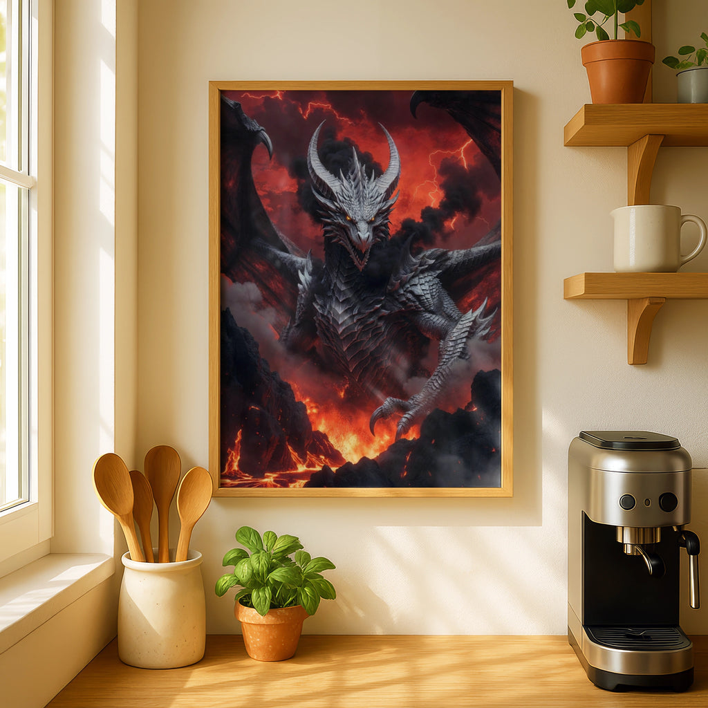 Dragon Wall Art, Dark Fantasy Poster, Fire Lava Lightning Epic Creature Print