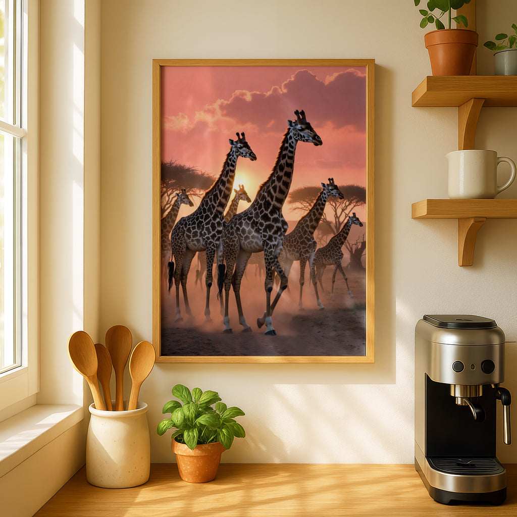 Giraffe Herd Sunset Poster, African Safari Wall Art, Savanna Wildlife Print, Pink Sky Decor