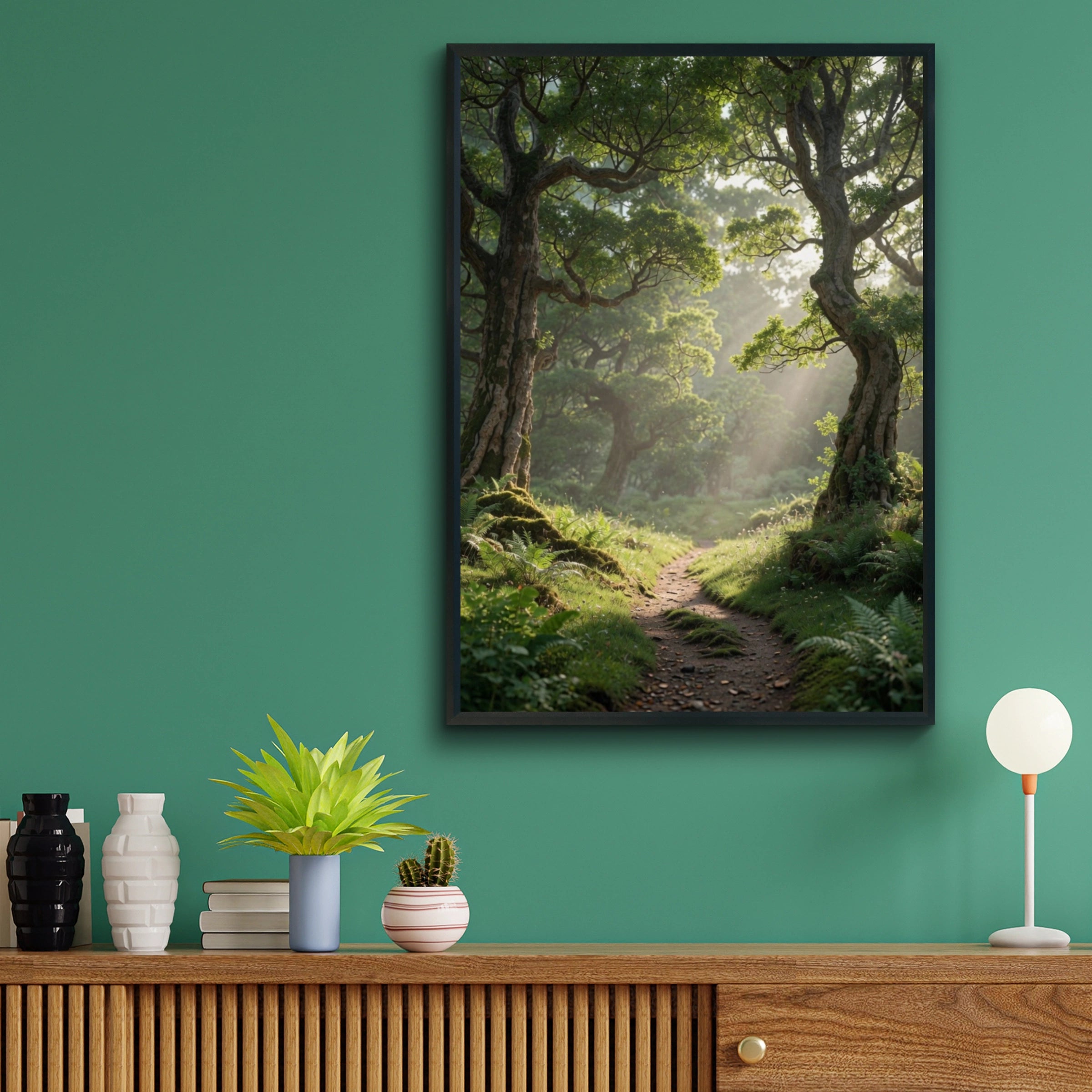 Enchanted Forest Path Poster, Misty Woodland Wall Art, Green Nature Print, Sunlit Trees