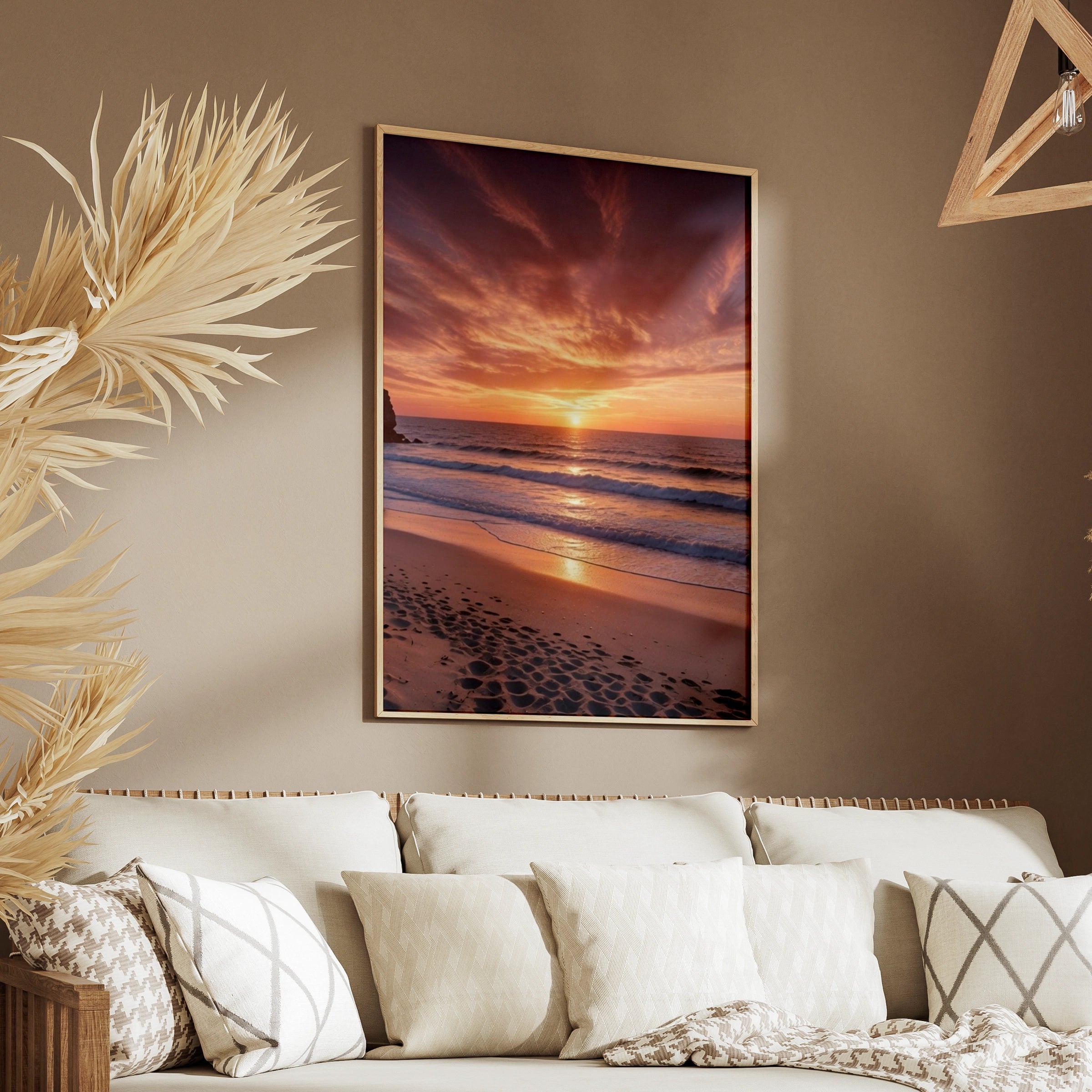 Beach Sunset Poster, Ocean Waves Wall Art, Pink Sky Coastal Print, Sandy Shore Decor