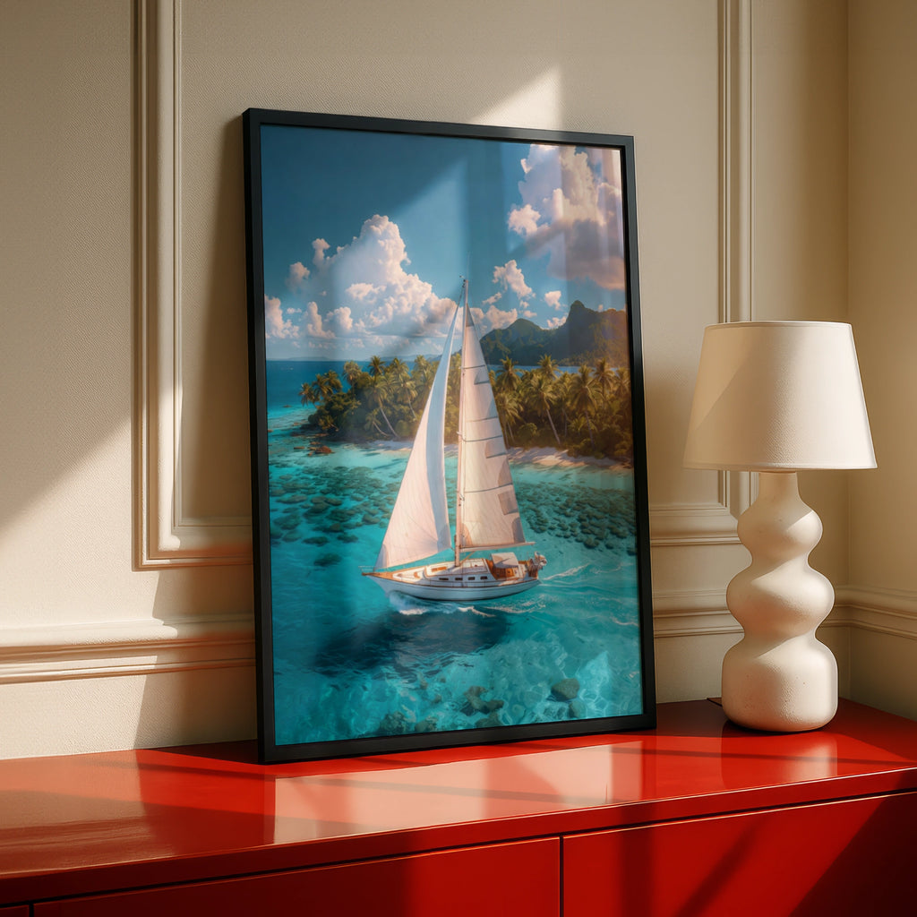 Tropical Sailboat Poster, Beach Ocean Wall Art, Turquoise Sea Print, Coastal Decor