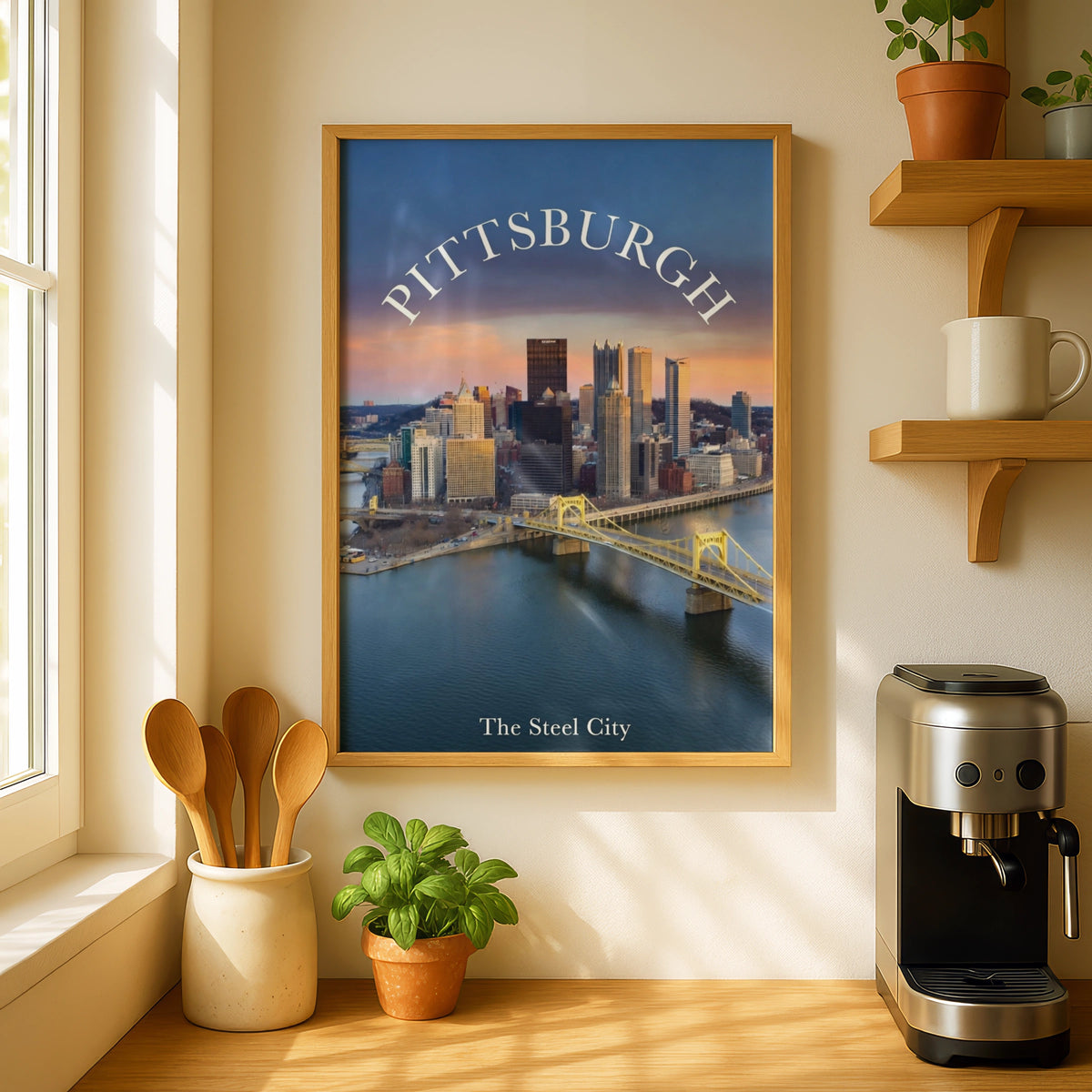 Pittsburgh Skyline Poster, Steel City Wall Art, Yellow Bridge Pennsylvania Print