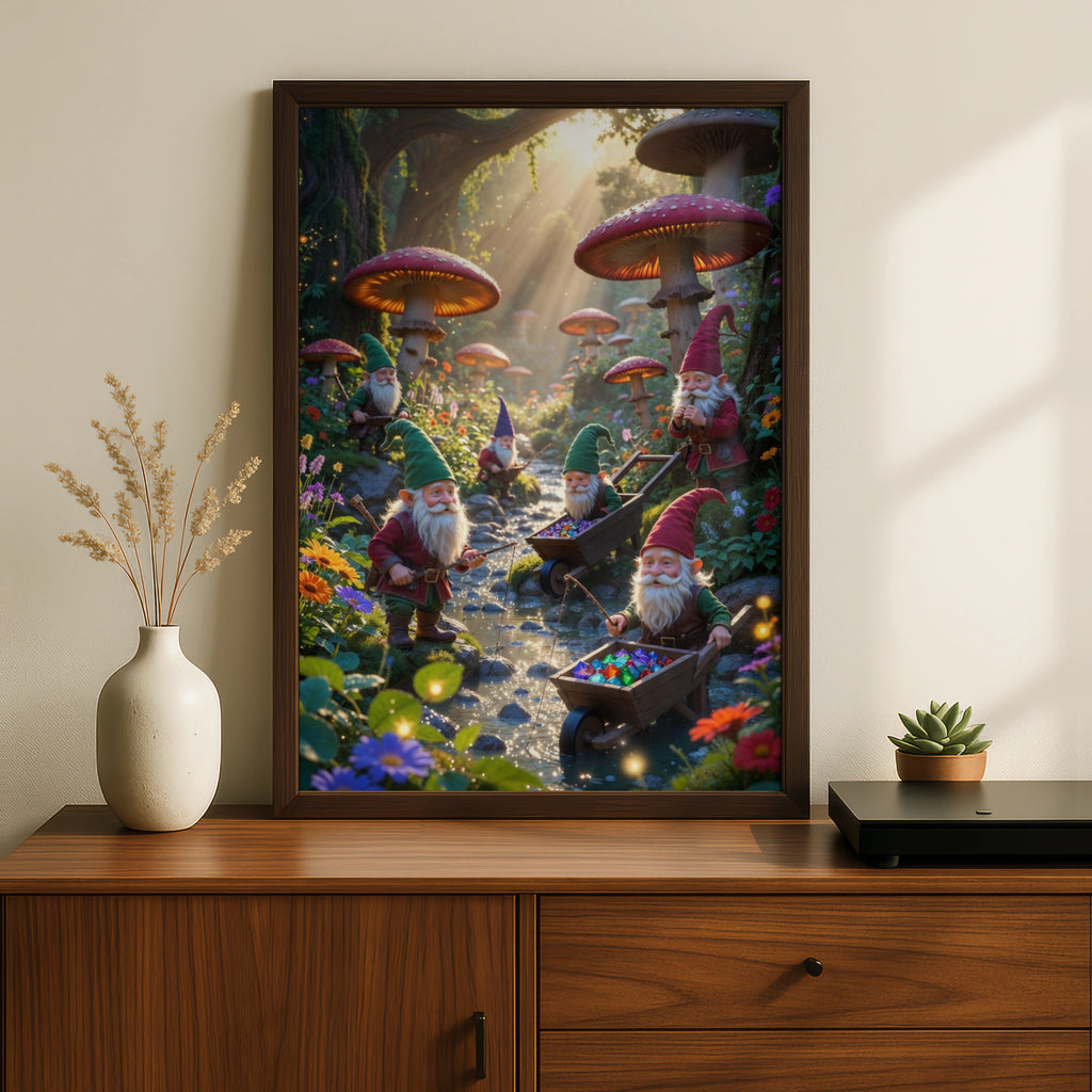 Gnome Forest Poster, Magical Mushroom Wall Art, Fantasy Gnomes Print, Enchanted Woodland Decor