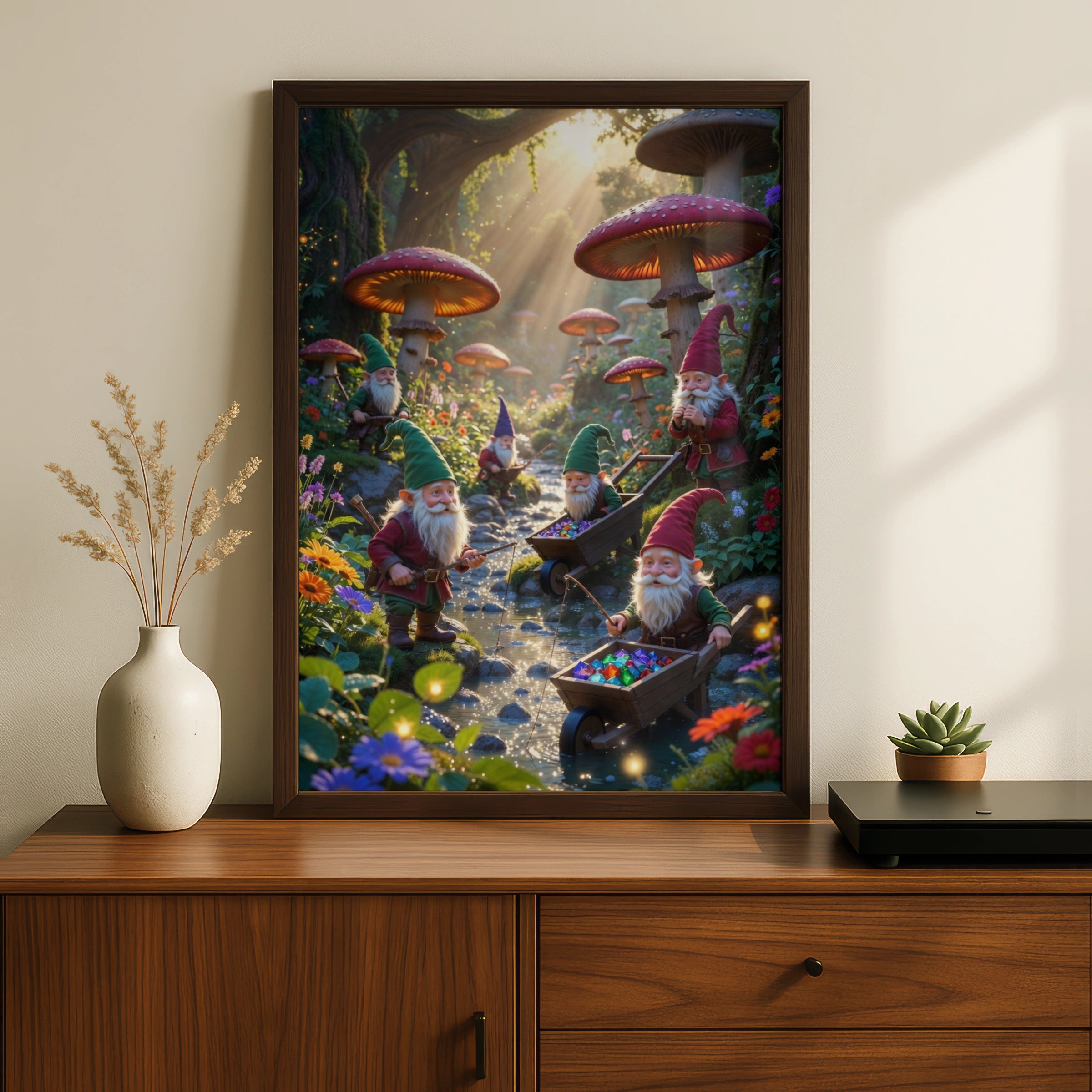 Gnome Forest Poster, Magical Mushroom Wall Art, Fantasy Gnomes Print, Enchanted Woodland Decor