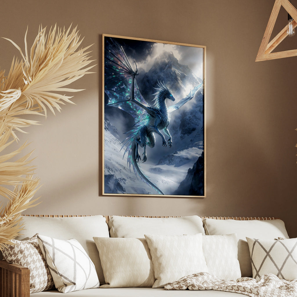 Ice Dragon Poster, Fantasy Dragon Wall Art, Blue Mythical creature, Snowy Mountain Print