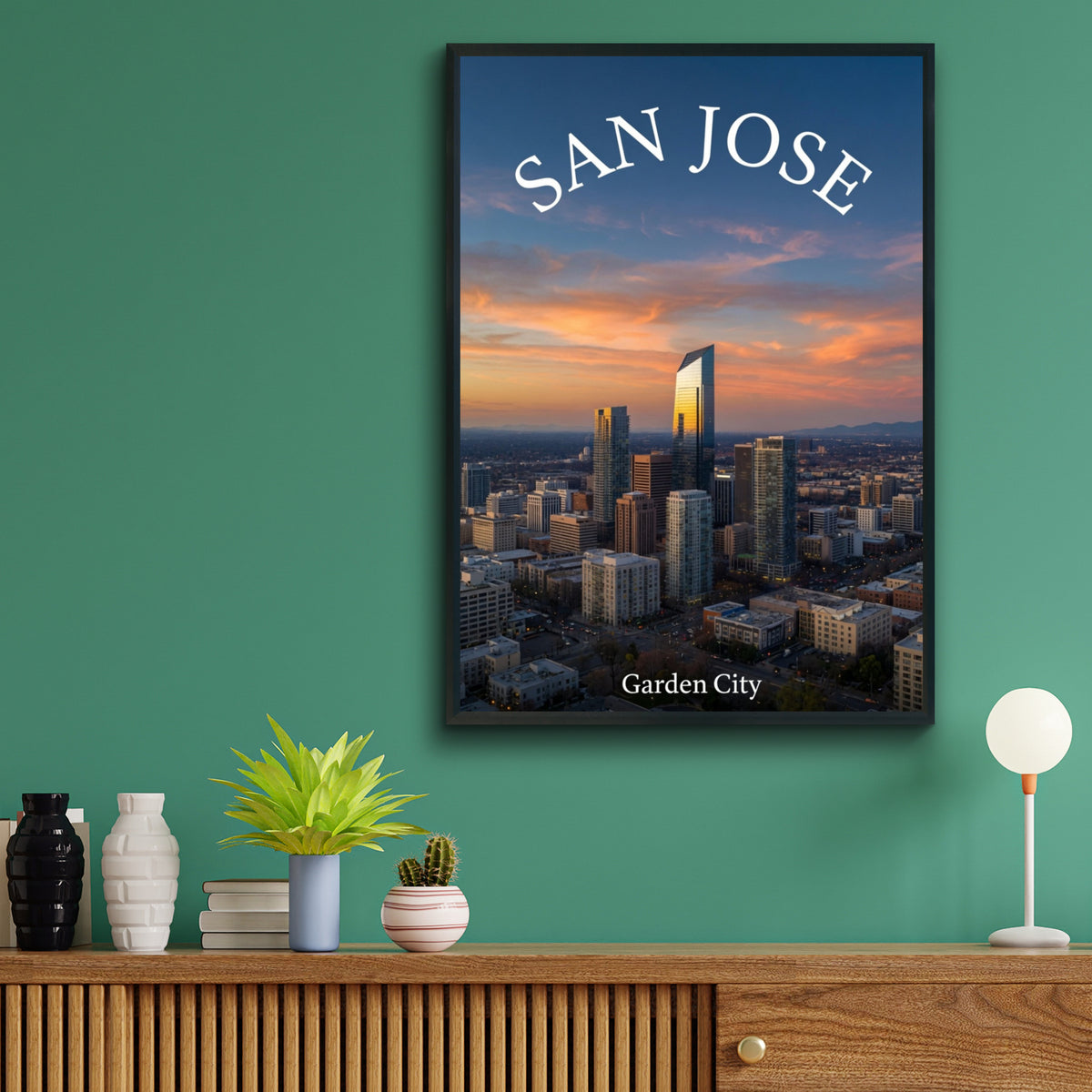 San Jose California Skyline Poster, Garden City Sunset Wall Art, Silicon Valley Print