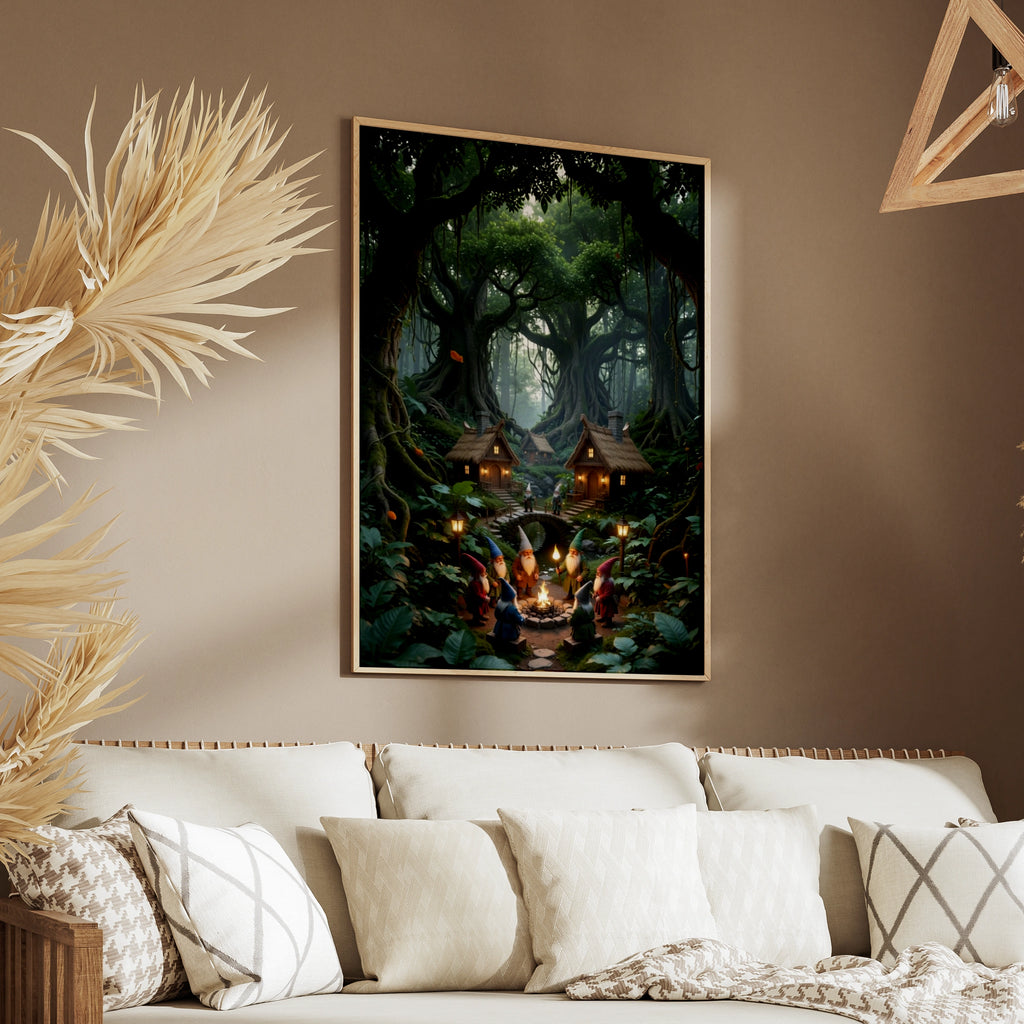 Gnome Village Forest Poster, Enchanted Woodland Wall Art, Fantasy Fairy Tale Print