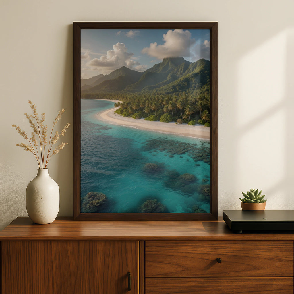 Tropical Beach Poster, Palm Tree Island Wall Art, Turquoise Ocean Print, Coastal Decor