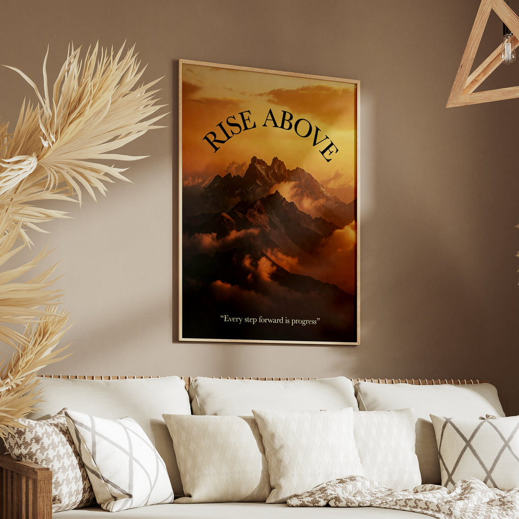 Rise Above Motivational Mountain Poster, Sunset Quote Wall Art, Inspirational Print for Home or