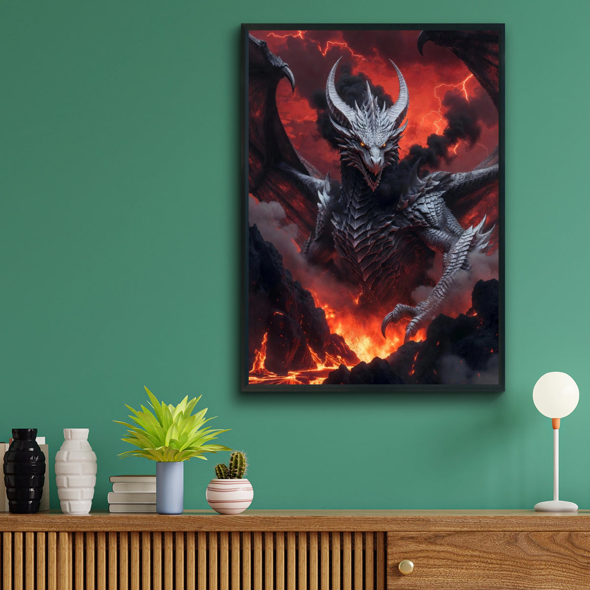 Dragon Wall Art, Dark Fantasy Poster, Fire Lava Lightning Epic Creature Print
