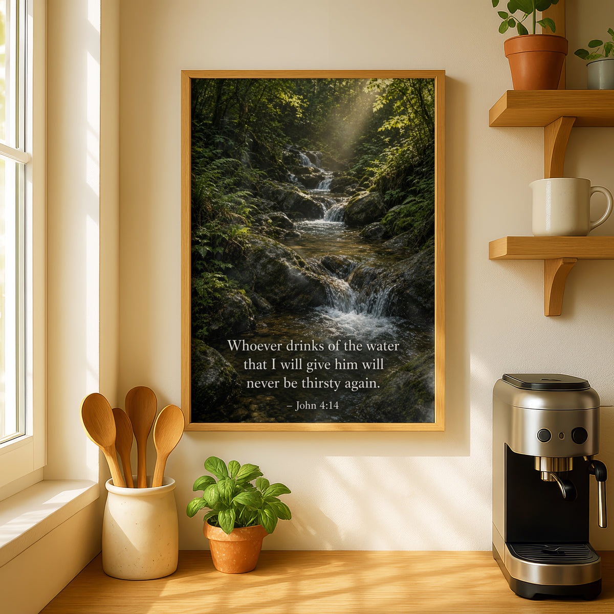 John 4:14 Bible Verse Poster, Scripture Wall Art, Christian Nature Print, Forest Waterfall