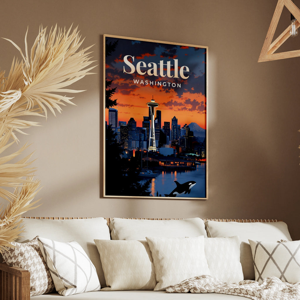 Seattle Washington Travel Poster, Space Needle Skyline Wall Art, Orca Sunset Print