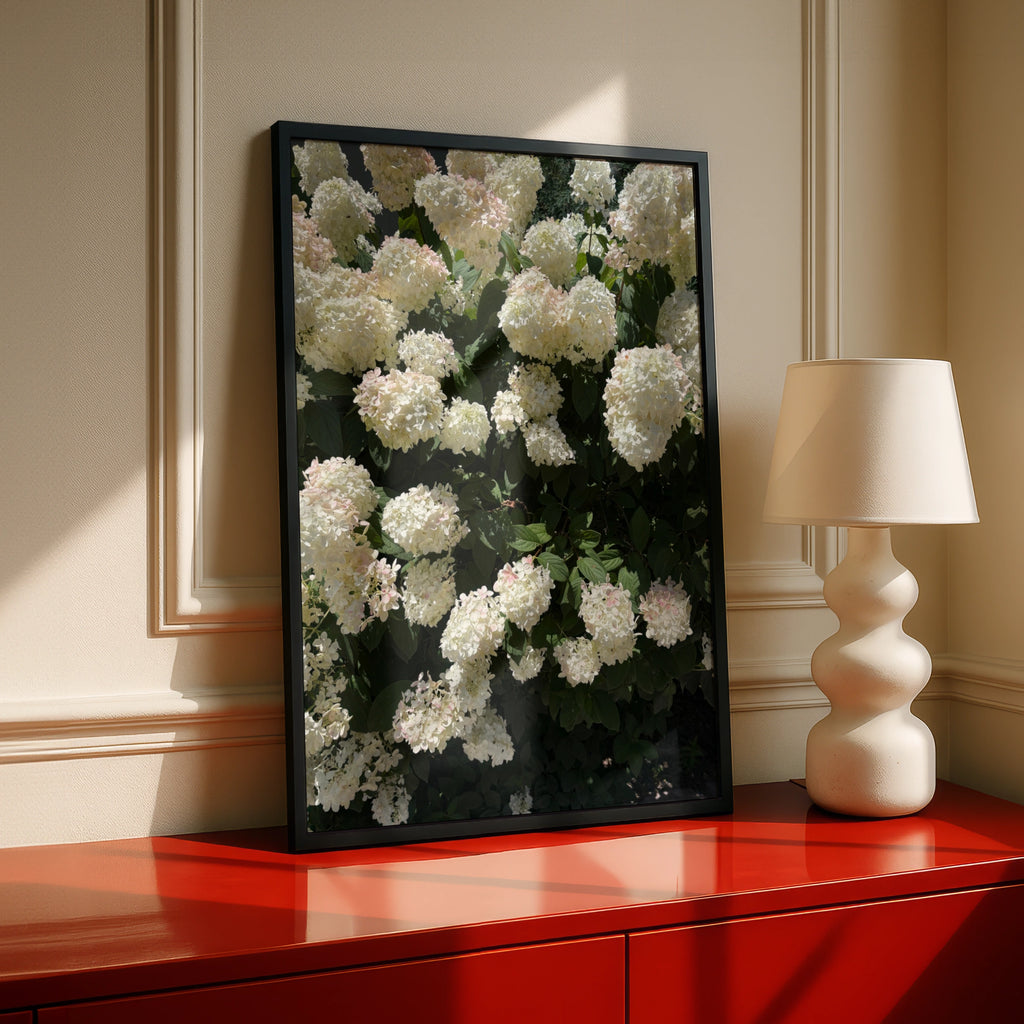 White Hydrangea Flower Photography Poster, Floral Wall Art, Garden Botanical Print