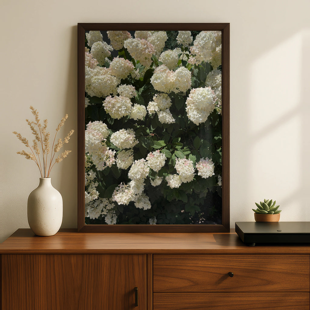 White Hydrangea Flower Photography Poster, Floral Wall Art, Garden Botanical Print