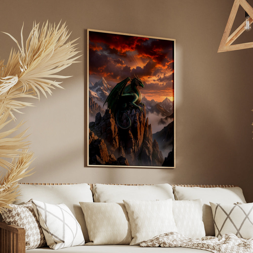 Dragon Mountain Sunset Poster, Fantasy Wall Art, Teal Dragon Print, Epic Sky Decor